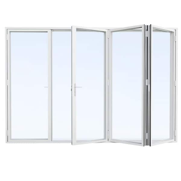 120 in. x 96 in. Right Swing/Outswing Double Tempered Glass White Aluminum Folding Patio Door