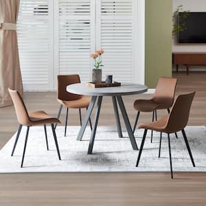5-Piece Gray Round Dining Table Set Modern MDF Dining Table and 4 Brown Dining Chairs