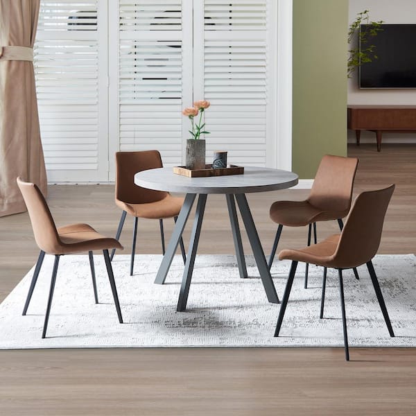 GOJANE 5-Piece Gray Round Dining Table Set Modern MDF Dining Table and 4 Brown Dining Chairs