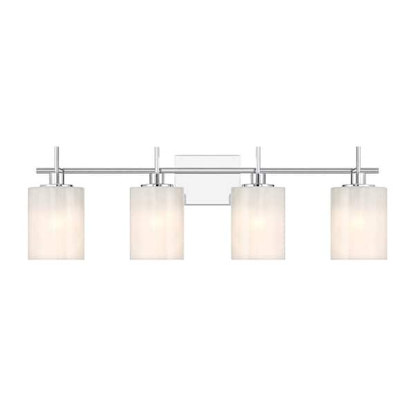 Meridian 30.75 in. W x 9.75 in. H 4-Light Chrome Modern Bathroom Vanity Light with White Stire Glass Shades