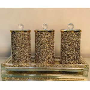 3-Piece Gold Kitchen Glass Canisters Set with Tray in Gift Box