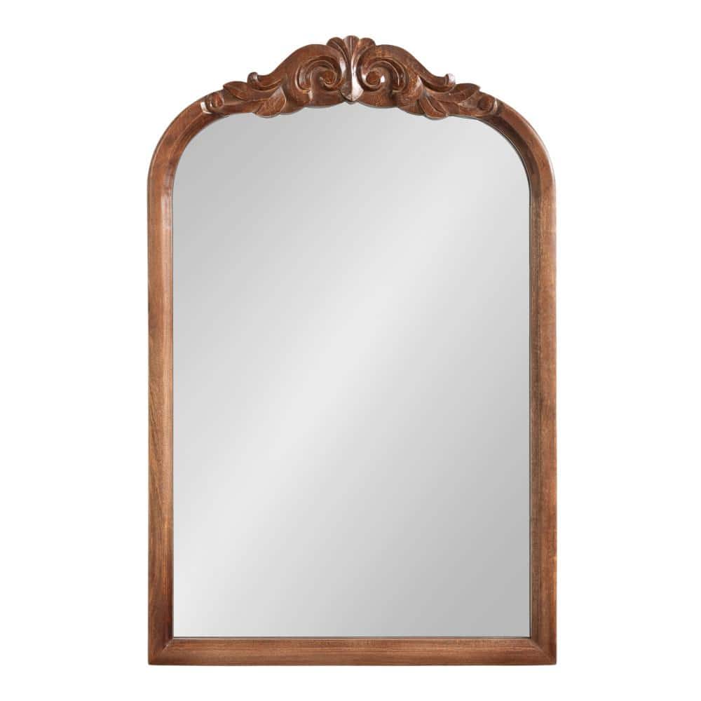 Walnut Brown Baroque-Inspired Wooden Arched Vanity Mirror 24x36