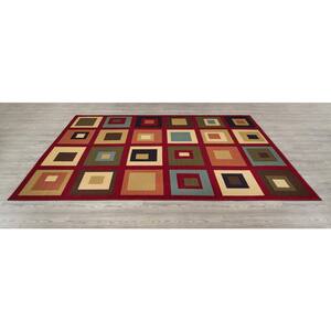 House Collection Non-Slip Rubberback Box Design 7x10 Indoor Area Rug, 6 ft. 6 in. x 9 ft. 2 in., Red