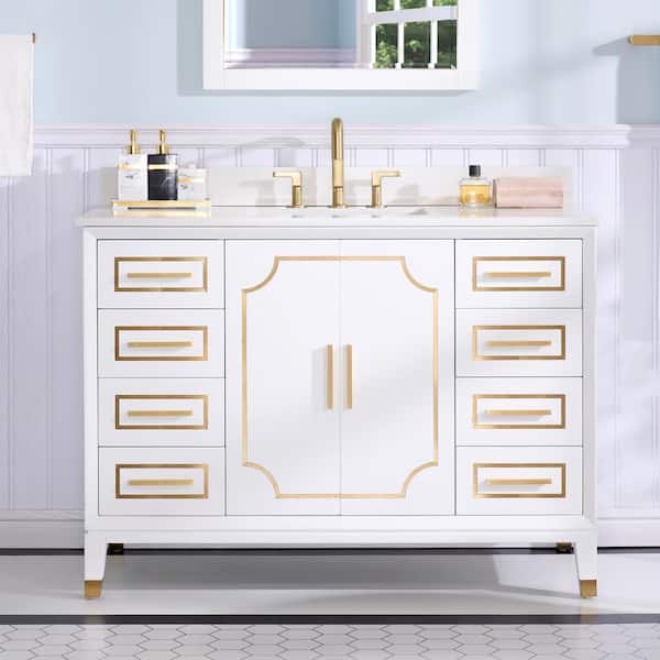 ANGELES HOME 48 in. Solid Wood Bath Vanity in White, White Quartz Top with Sink, Soft-Close Door, Drawers, Brushed Gold Accents