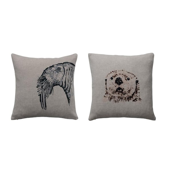 Storied Home Cream sq. Printed Linen Pillow with Animal Design Embroidery 18 in. x 18 in. Throw Pillow (Set of 2)