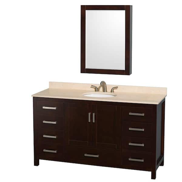 Wyndham Collection Sheffield 60 in. Vanity in Espresso with Marble Vanity Top in Ivory and Medicine Cabinet