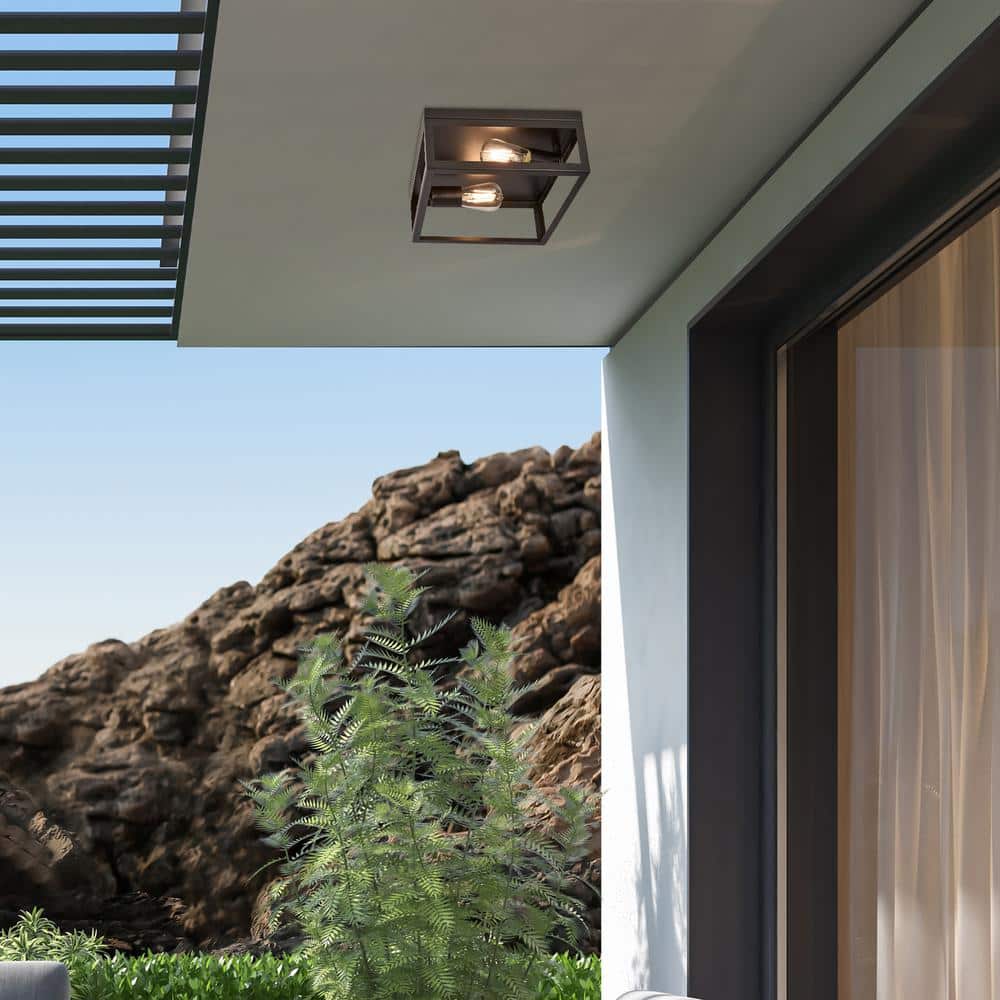 Matte Black Square 2-Light Indoor/Outdoor Flush Mount Ceiling Fixture