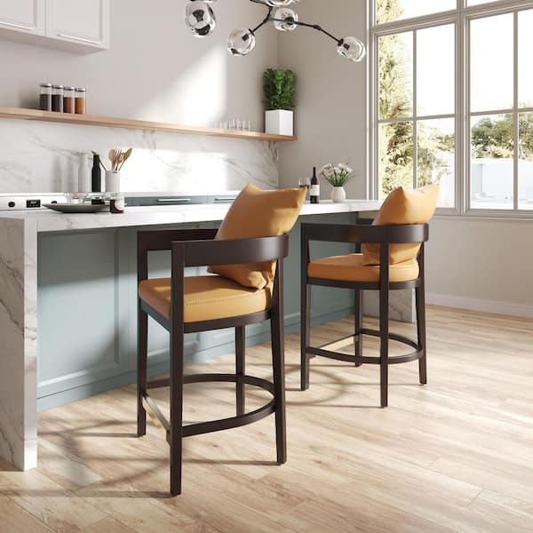 Ritz 26.5 in. Camel and Dark Walnut Beech Wood Counter Stool with Faux Leather Upholstered Seat