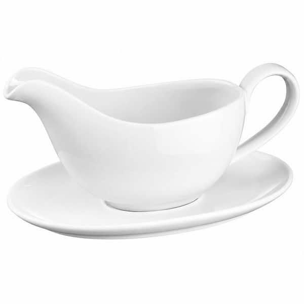 18 oz. White Porcelain Gravy Boats with Saucer, Large White Ceramic Gravy Boat, Drip Proof No Mess Up Table