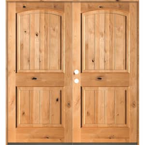 60 in. x 80 in. Rustic Knotty Alder Arch Top Clear Stain /V-Groove Right-Hand Inswing Wood Double Prehung Front Door
