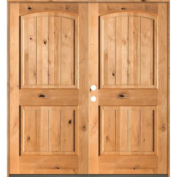 Krosswood Doors 60 in. x 80 in. Rustic Knotty Alder Arch Top Clear Stain /V-Groove Right-Hand Inswing Wood Double Prehung Front Door