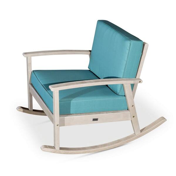Zeus & Ruta Driftwood Gray Finish Eucalyptus Wood Outdoor Rocking Chair with Sage Green Cushion for Garden, Poolside, Backyard