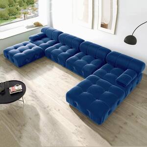 139 in. Square Arm 6-Seater Velvet Convertible U-Shaped Modular Sectional Sofa with Ottomans in Blue