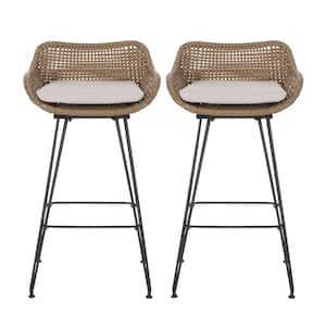 Verano Light Brown Wicker Outdoor Patio Bar Stool with Beige Cushion (2-Pack)