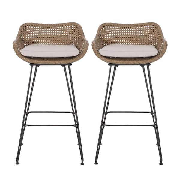 Noble House Verano Light Brown Wicker Outdoor Bar Stool with Beige Cushion (2-Pack)