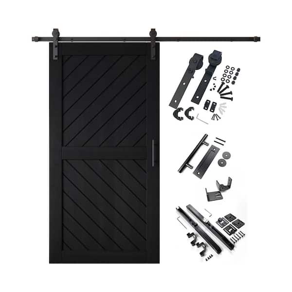 XT3 32 in. x 80 in. C-Panel Black Slanted Stripe Design Solid Pine Wood Sliding Barn Door with Hardware Kit