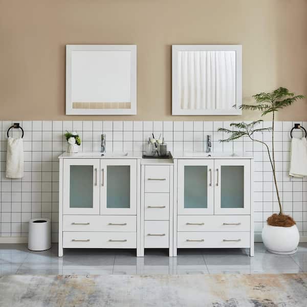 Vanity Art Brescia 72 in. W x 18 in. D x 36 in. H Bath Vanity in White with Vanity Top in White with White Basin and Mirror