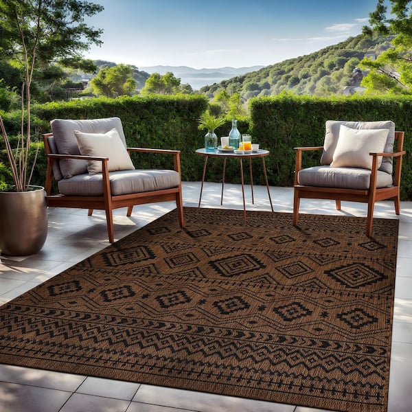 Waikiki Gold/Black 8 ft. x 10 ft. Moroccan Geometric Washable Modern Indoor Outdoor Area Rug