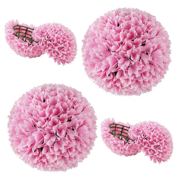 11 in. Pink Artificial Topiary Boxwood Flower Balls for In-Outdoor Decoration