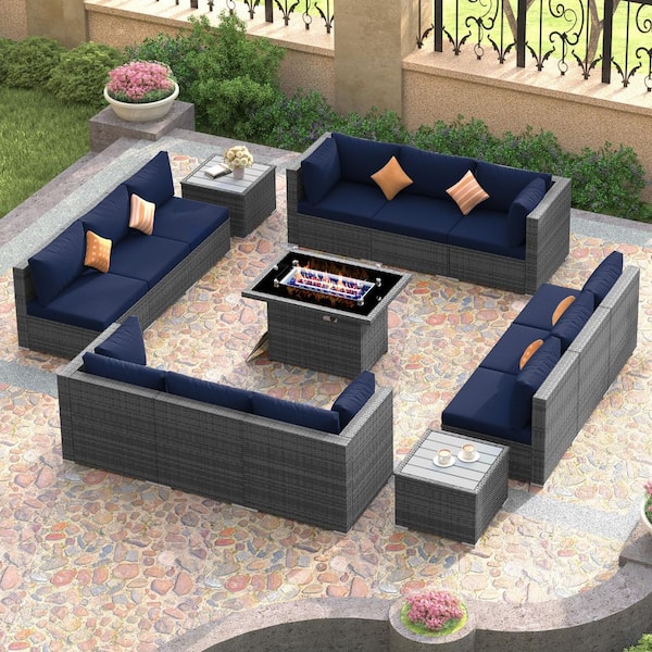 FINCATI 15-Piece Large Size Gray Wicker Patio Conversation Sofa Set with Navy Blue Cushions Fire Pit Table and Coffee Tables