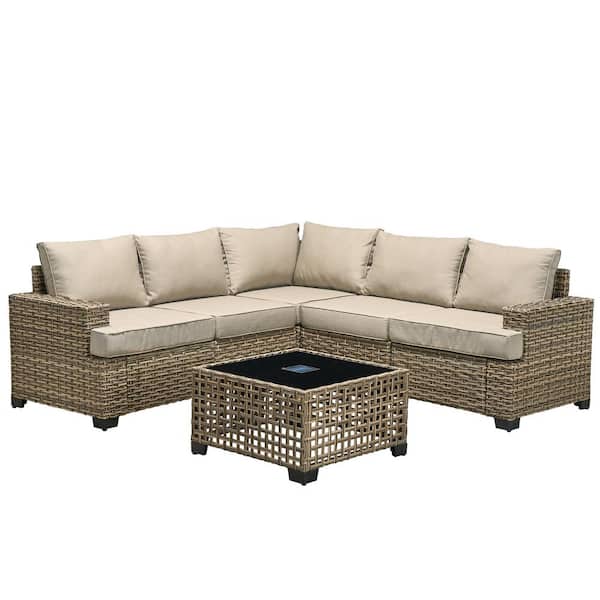 Ulrica 6-Piece Wicker Outdoor Sectional Set with Biege Cushions