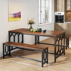 Alan Rustic Brown Wooden 55 in. Pedestal Dining Table Seat 4 to 6 with 2 Benches for Dining Room Kitchen