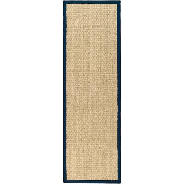 Natural Fiber Natural/Blue 3 ft. x 6 ft. Border Woven Runner Rug
