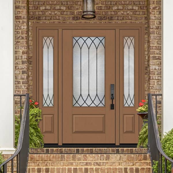 Regency 68 in. x 80 in. 3/4L Spire Decorative Glass LHIS Unfinished White Fiberglass Prehung Front Door w/Dbl 14 in. SL