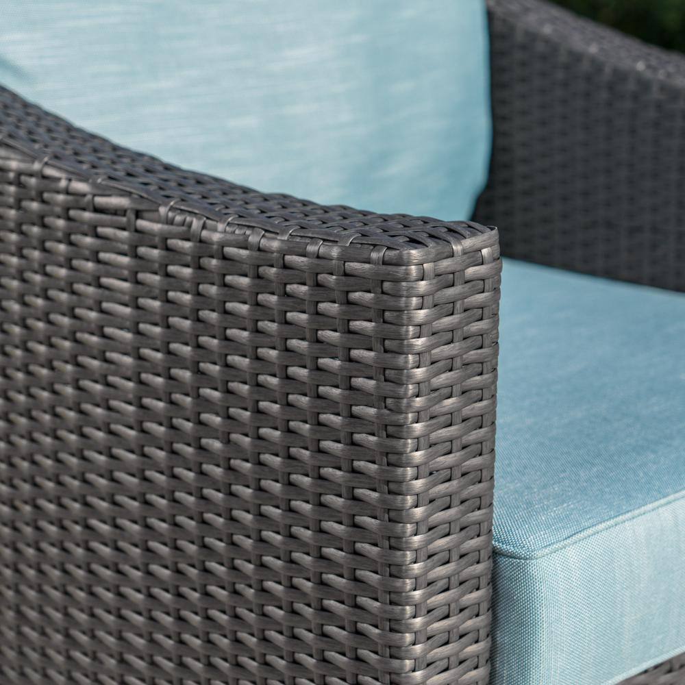 Charles Gray Wicker Outdoor Club Chairs with Teal Cushions (Set of 2)