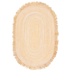 Braided Beige Doormat 3 ft. x 5 ft. Striped Solid Color Oval Area Rug