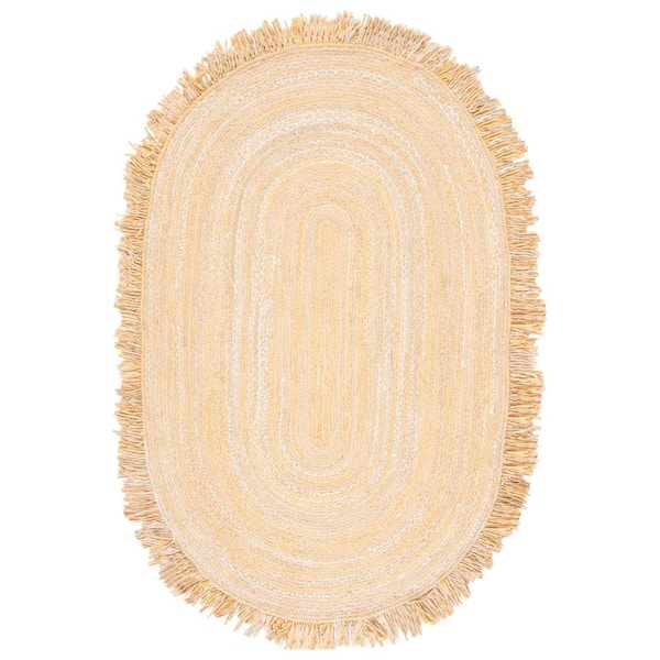 SAFAVIEH Braided Beige 3 ft. x 5 ft. Striped Solid Color Oval Area Rug