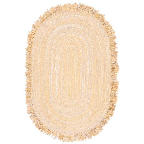 SAFAVIEH Braided Beige 4 ft. x 6 ft. Striped Solid Color Oval Area Rug