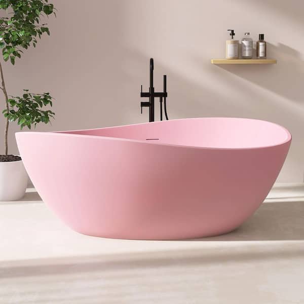 63 in. x 38 in. Acrylic Freestanding Soaking Bathtub Flatbottom Stand Alone Tub with Polished Chrome Drain in Matte Pink