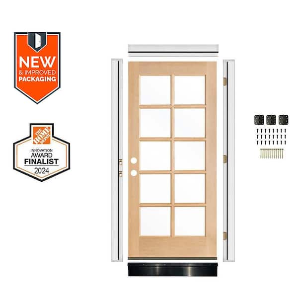 36in.x80in. French RH 10-Lite Clear Glass Unfinished Hemlock Wood AssemblyRequired Front Door Kit w/QuickAssembleJamb