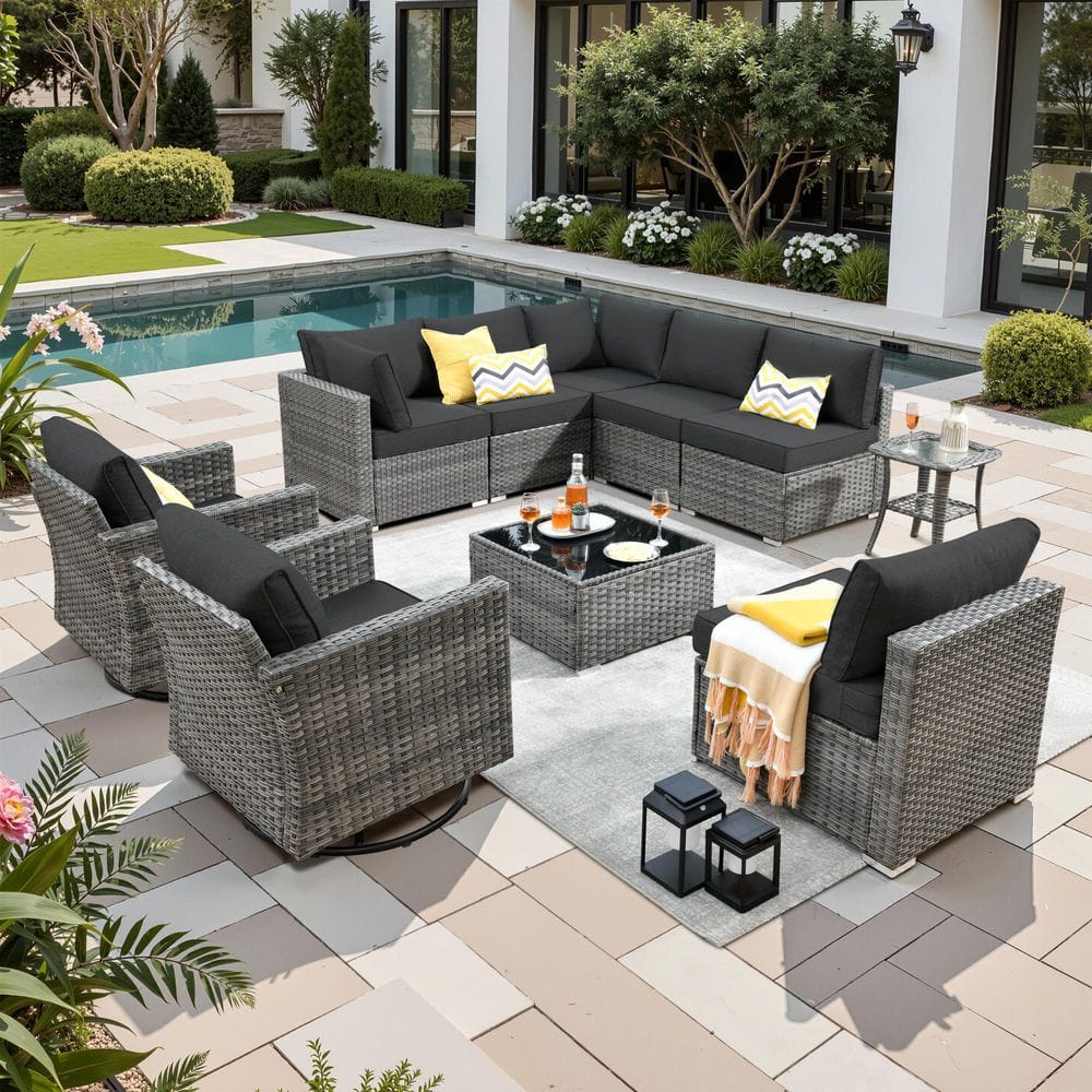Sanibel Gray 10-Piece Wicker Outdoor Patio Conversation Sofa Set with Swivel Rocking Chairs and Black Cushions price history on PriceWatchPro