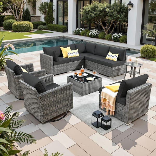 Sanibel Gray 10-Piece Wicker Outdoor Patio Conversation Sofa Set with Swivel Rocking Chairs and Black Cushions