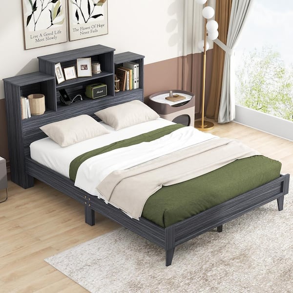 Harper & Bright Designs Gray Wood Frame Queen Size Platform Bed with Storage Headboard, Open Shelves, USB Charging Design