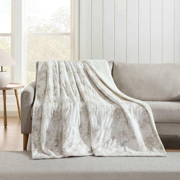 Laura Ashley Wistful Blooms 1-Piece Beige Plush Fleece Full
