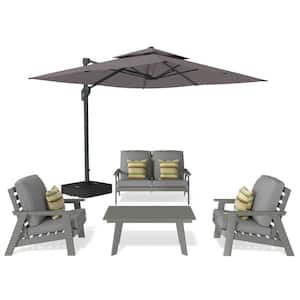 5-Piece Patio Conversation Set HIPS Plastic Lounge Chairs Coffee Table with Outdoor Cantilever Umbrella and Gray Cushion