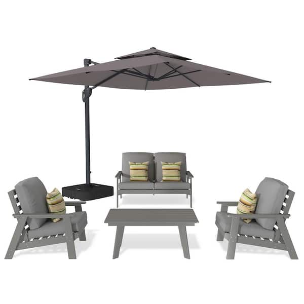 Mondawe 5-Piece Patio Conversation Set HIPS Plastic Lounge Chairs Coffee Table with Outdoor Cantilever Umbrella and Gray Cushion
