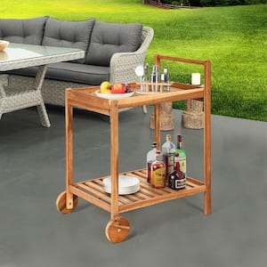 2-Tier Acacia Rolling Kitchen Trolley Cart Dining Serving Cart Outdoor w/Wheels