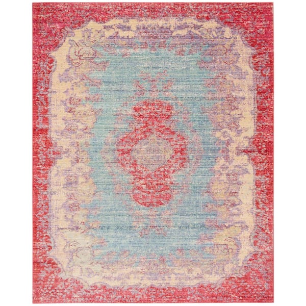 Windsor 9 ft. x 13 ft. Light Blue/Fuchsia Distressed Medallion Area Rug