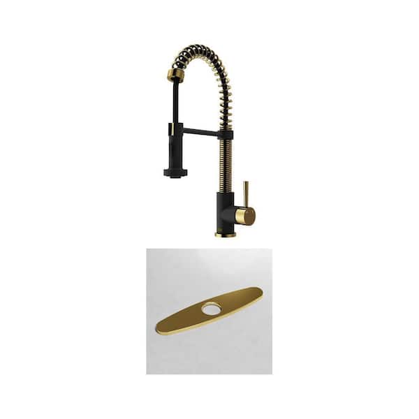 Edison Pull-Down Faucet and 10 in. Deck Plate in Matte Brushed Gold and Black (2-Piece Set)