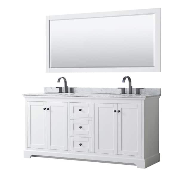 Wyndham Collection Avery 72 in. W x 22 in. D x 35 in. H Double Bath Vanity in White with White Carrara Marble Top and 70 in. Mirror