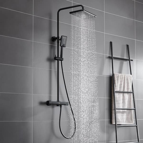3-Sprays Wall Mount 9.9 in. Handheld Shower Head 1.8 GPM 11.4 in. x 7.5 in. Thermostatic Rain Shower in Matte Black