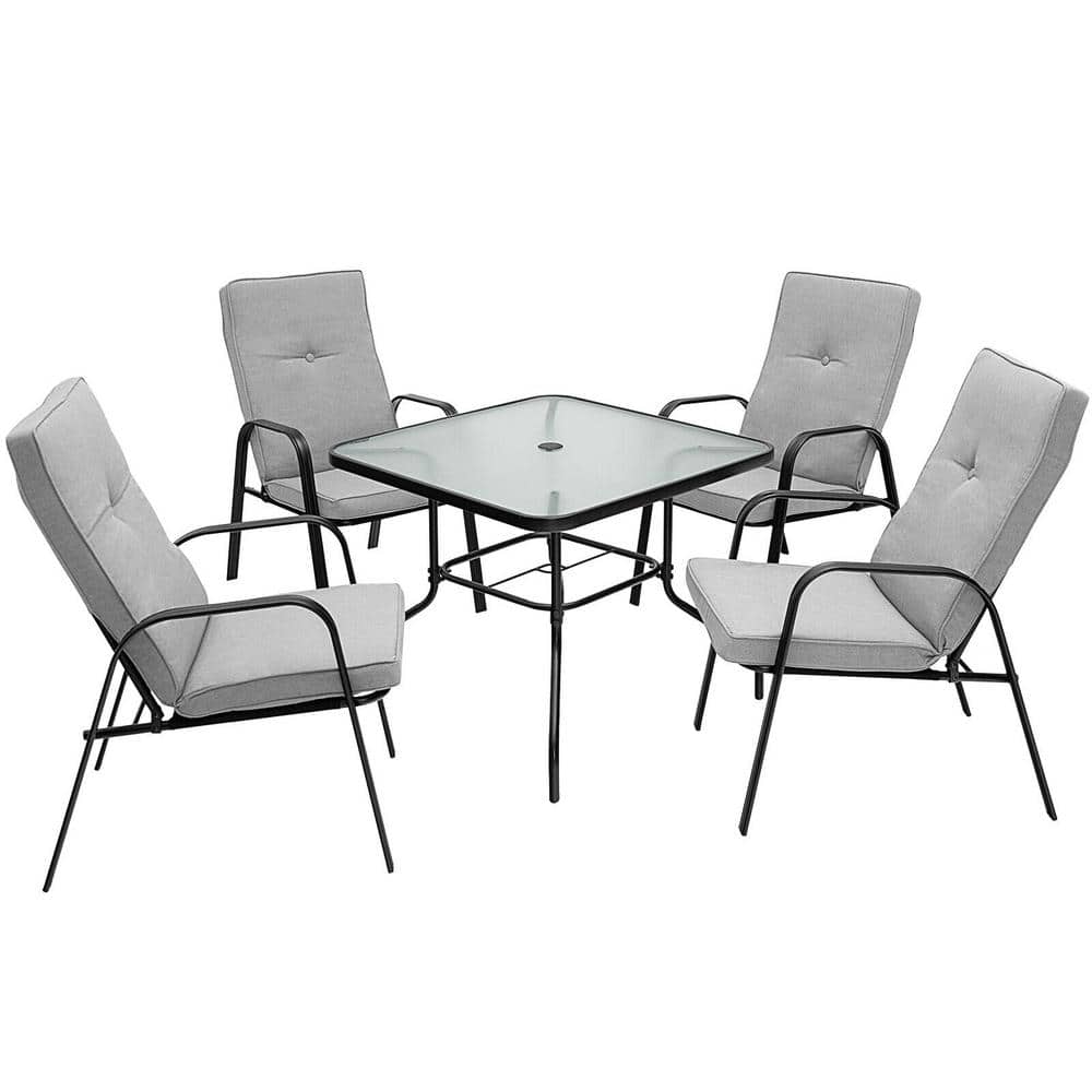 Black Steel Outdoor Dining Chairs with Grey Cushions, Set of 4