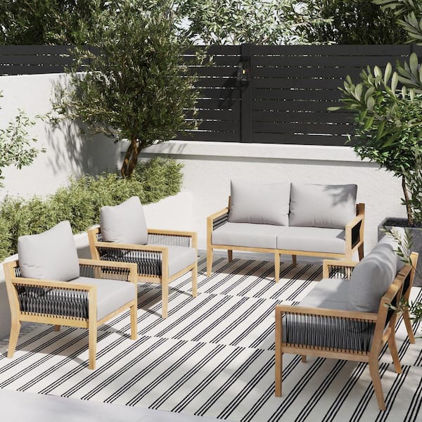 Freya Bohemian 4-Piece Outdoor Couch Patio Furniture Set, Solid Acacia Wood Frame, Conversation Set with Gray Cushions