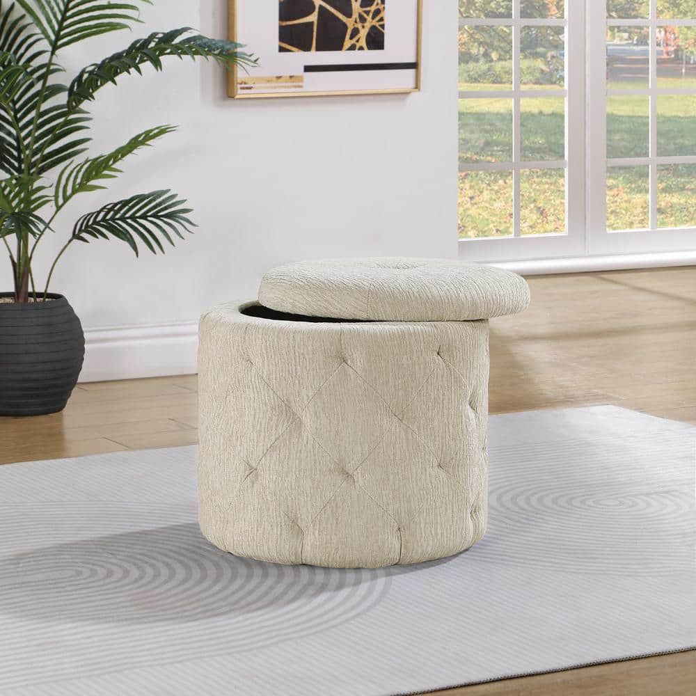 Cream Linen Tufted Round Storage Ottoman