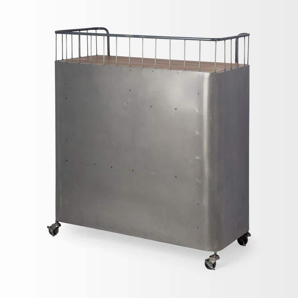 Industrial Gunmetal Gray Rolling Bar Cart with Wood Top