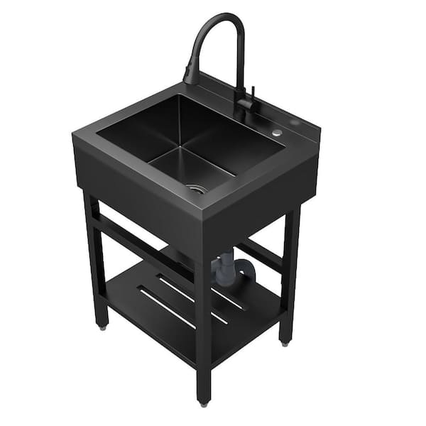 24 in. Freestanding Stainless Steel Black 1-Compartment Commercial Laundry/Utility Sink with Pull-Out Faucet for Kitchen